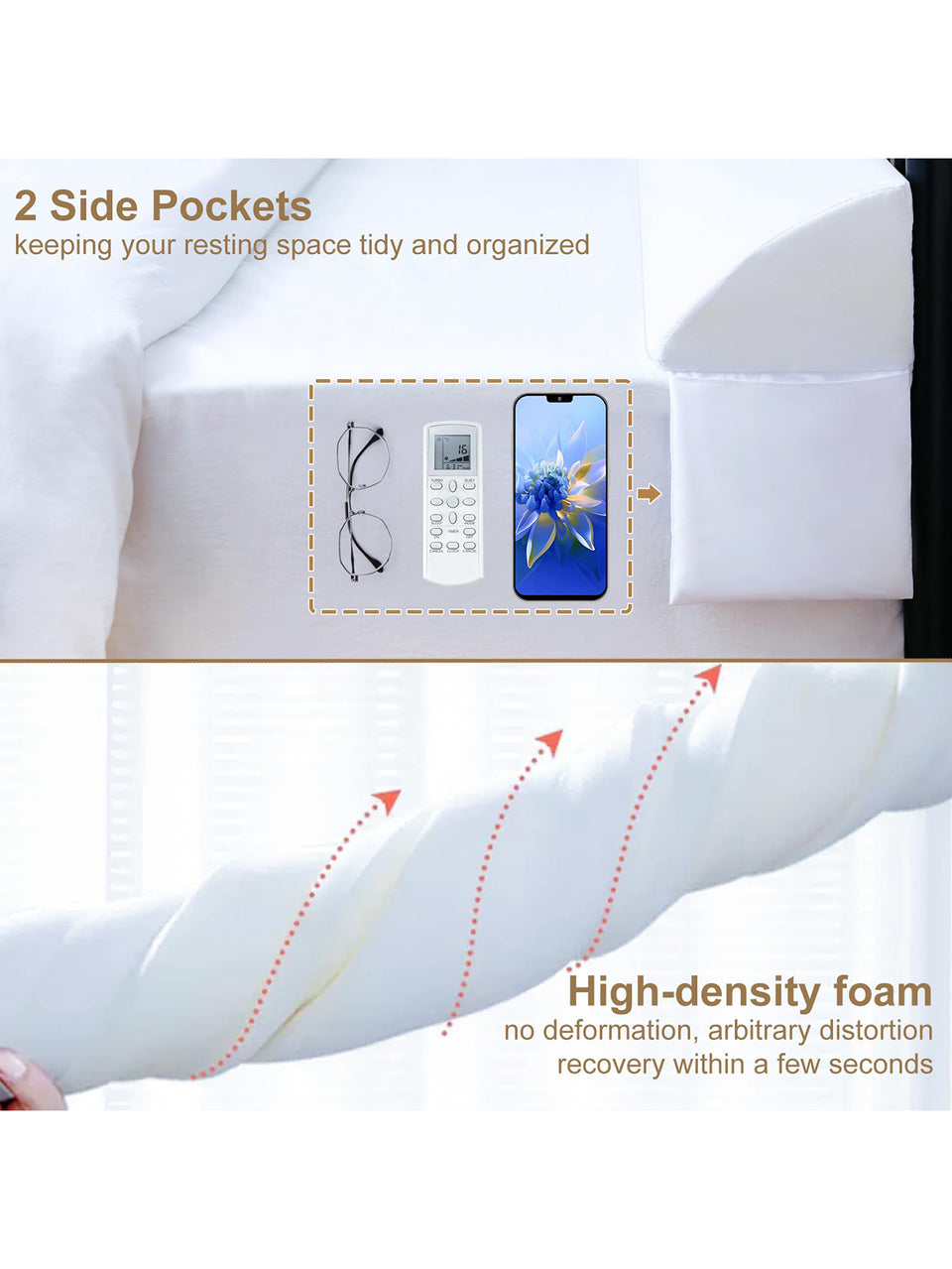 Vekkia Bed Wedge Pillow for Headboard/Wedge Pillow Headboard/Bed Gap Filler/Headboard Pillow,Pillow Wedge for Headboard Gap,Stop Loosing Your Pillows,Phone&Glasses
