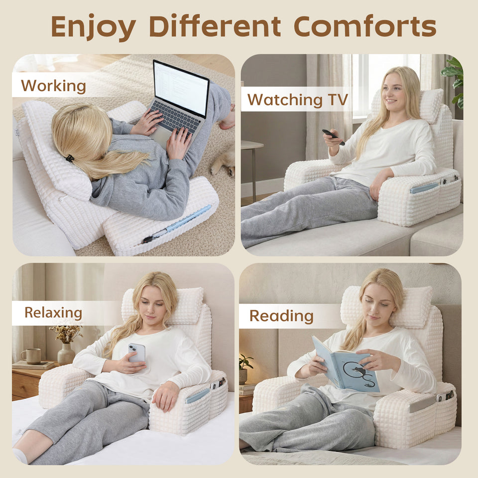Vekkia 19'' Reading Pillow with Armrests and XL Pockets for Adults | 45° Wedge Back Support, Washable Cover, Rest Chair for Reading, Gaming, Relaxing, Working or Watching TV in Bed/Floor, White