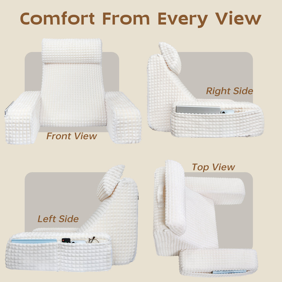 Vekkia 19'' Reading Pillow with Armrests and XL Pockets for Adults | 45° Wedge Back Support, Washable Cover, Rest Chair for Reading, Gaming, Relaxing, Working or Watching TV in Bed/Floor, White